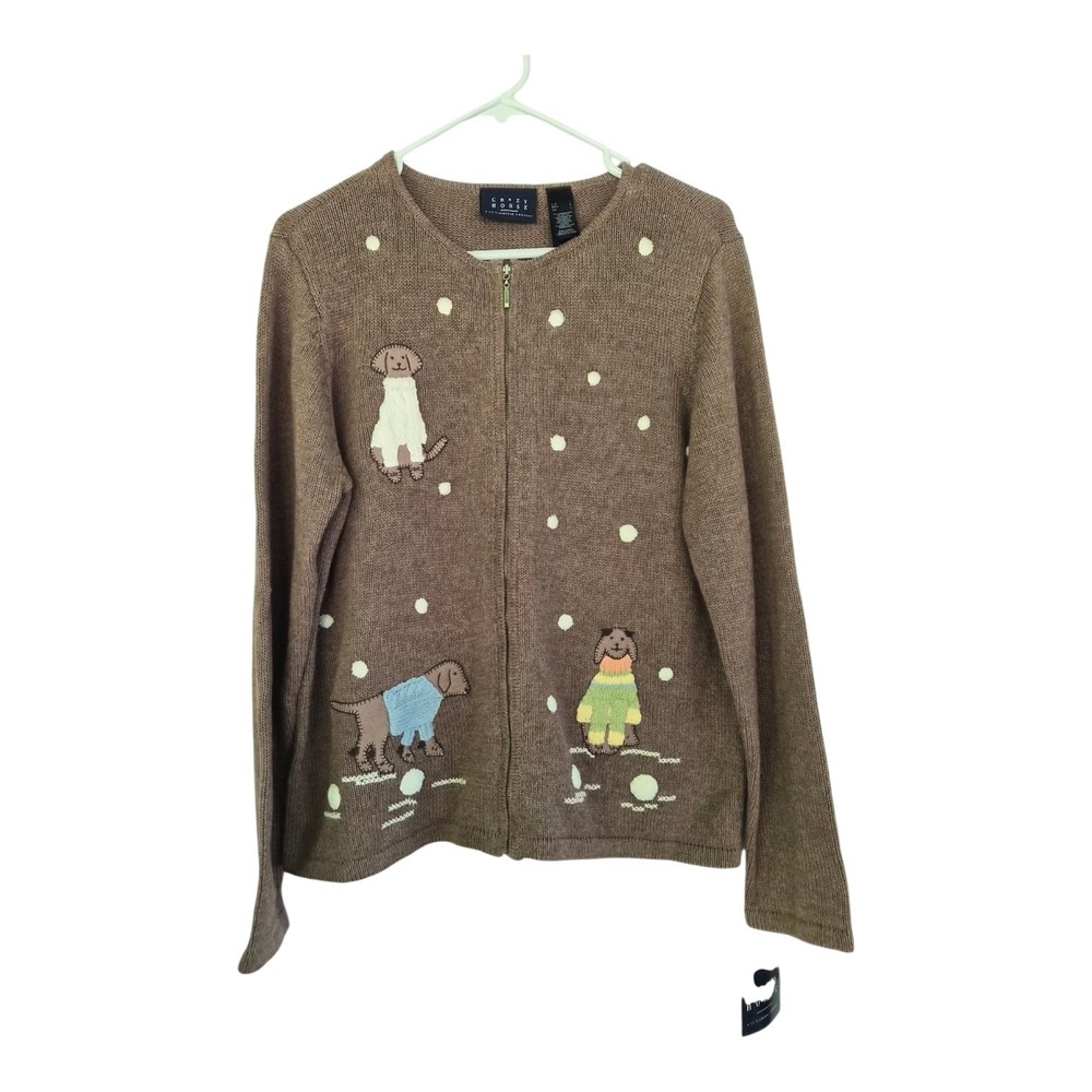Crazy Horse Dog Zip Cardigan Sweater NWT‎ L Brown Novelty Cottagecore
